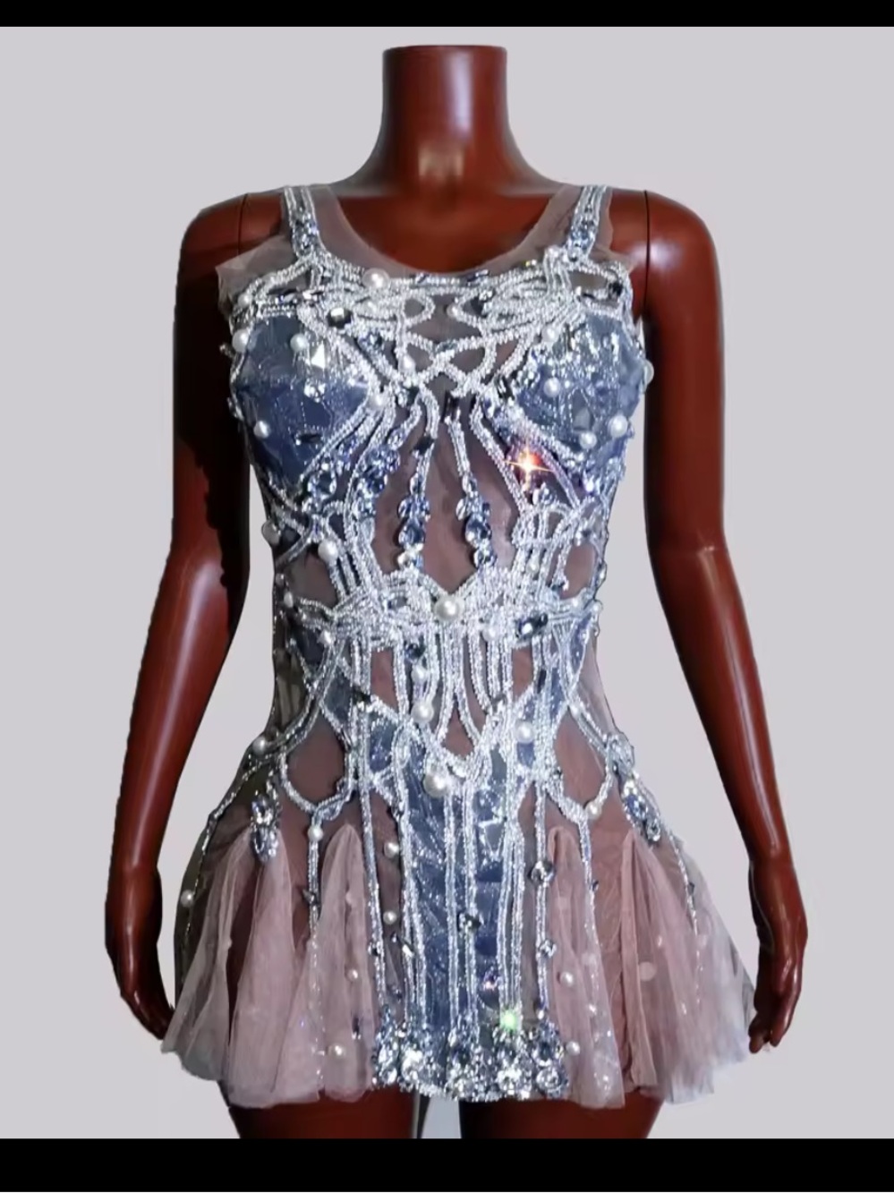 Silver rhinestone sheer mesh dress nude showgirl costume brand new